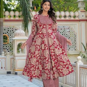 Yash Gallery Women's Polyester Calf Length Regular Fitted 3/4th Sleeve Floral Printed Anarkali Kurta with Zig-Zag Printed Pant & Dupatta